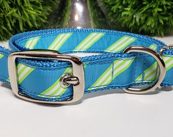 Dog Collar, 1" Dog Collar, Striped Dog Collar, Blue Green Dog Collar, Metal Buckle Dog Collar, Martingale Collar, Half Check Chain
