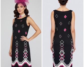 Vestido de fiesta/boda Ravishing Planet negro estampado de estilo sedoso hasta la rodilla, talla 16