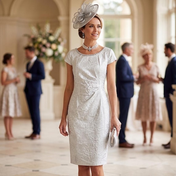lizabella silver dress Lizabella Silver Beaded Neck Cap Sleeve Mother of the Bride/groom Knee  Length Dress Size 14