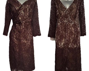 Bnwt Michaela Louisa bruin/gouden onderjurk kant gelegenheid overknee jurk maat 16