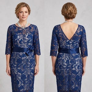 Vestido Libra azul marino/gris de encaje con lazo y busto acolchado para la madre de la novia/el novio, largo hasta la rodilla, talla 14