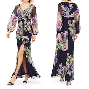 Exquisito vestido largo maxi azul marino con estampado floral de Adrianna Papell para la madre de la novia/el novio, talla 8 imagen 5