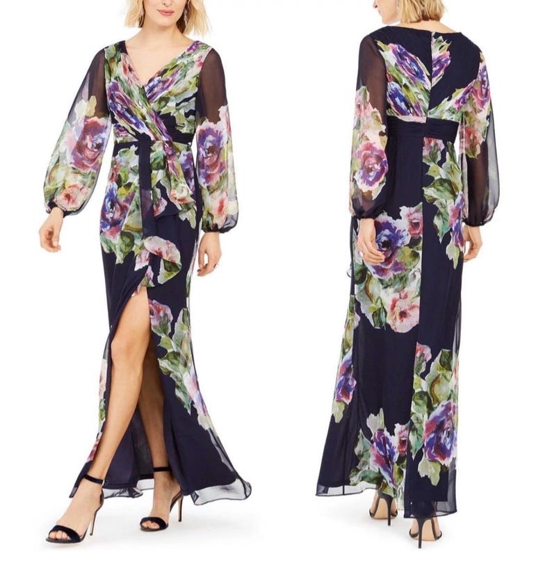 Exquisito vestido largo maxi azul marino con estampado floral de Adrianna Papell para la madre de la novia/el novio, talla 8 imagen 5