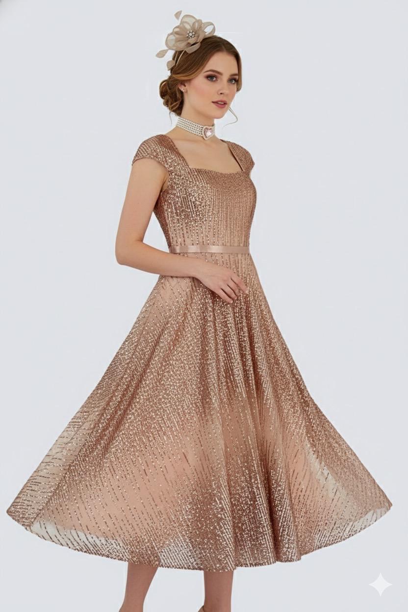 Rose Gold Sequin Fit Flare Dress  Calf Length, Cap Sleeve, Special  Occasion Wear - Etsy New Zealand