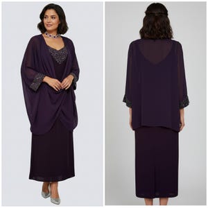 Stunning Dress code by Veromia formal dark purple beaded wedding calf length dress & jacket 20
