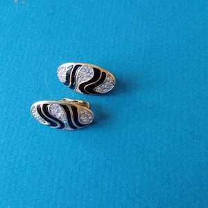 Trifari black enamel and rhinestone clip earrings c1970