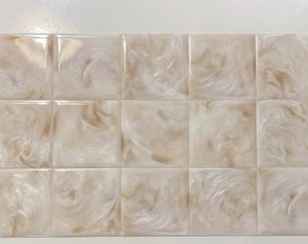 Vintage plastic tiles, marbled alabaster beige, 4.25”x4.25”, unused, set of 80 pieces