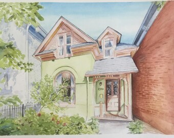 May include: A watercolor painting of a green house with a pink roof and a brown door. The house has a porch with a white railing and a gray roof. The house is surrounded by green trees and bushes. The house number is 2543.