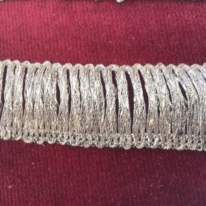 Peut inclure: Gros plan sur une garniture de franges argentées à l'aspect tissé et texturé. La frange est fixée à une bordure décorative avec un motif répétitif. La garniture est posée sur un fond rouge foncé, créant un contraste.