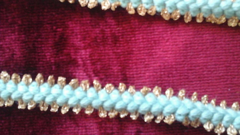 Wool and gold metal stripe measuring 1.5cm in turquoise blue and gold sold per metre image 3