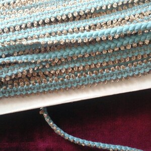 Wool and gold metal stripe measuring 1.5cm in turquoise blue and gold sold per metre image 2