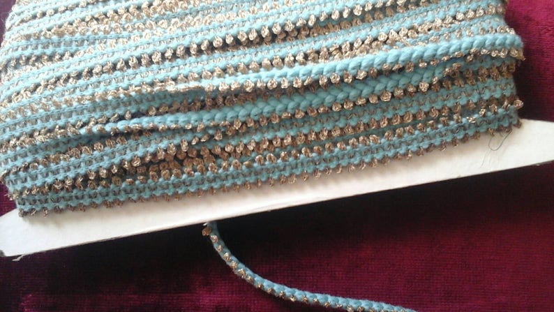 Wool and gold metal stripe measuring 1.5cm in turquoise blue and gold sold per metre image 2