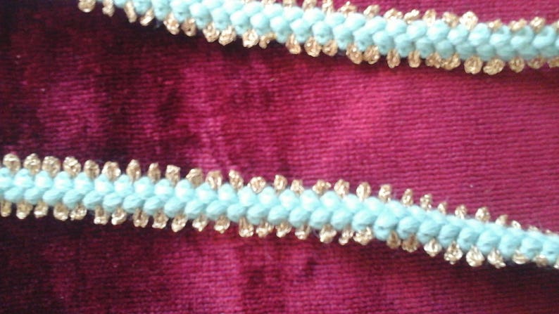 Wool and gold metal stripe measuring 1.5cm in turquoise blue and gold sold per metre image 1