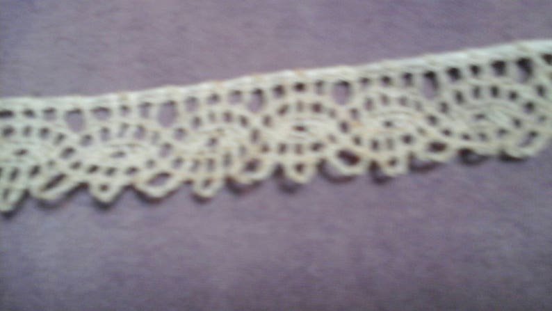 May include: White crocheted lace trim with a delicate floral pattern.