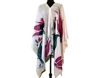 White flowers and birds original art cover up poncho tunic, universal women's evening cloak mantle coverup, Turk pattern art wrap shawl