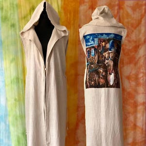 Old town art linen vest tunic beige long sleeveless jacket vest coat with removable hood boho art dress, dune style wearable art