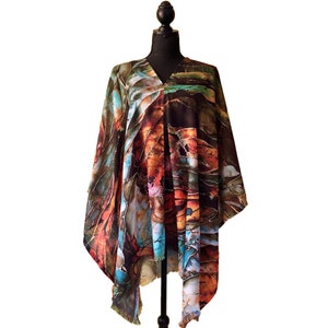 Verde Hosta arte originale coprire tunica poncho, arte astratta batik pittura stampata sciarpa leggera avvolgere convertibile copertura drappo mantello immagine 1