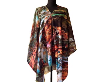 Green Hosta original art cover up poncho tunic, abstract batik art painting printed lightweight scarf wrap convertible coverup drape cloak