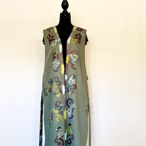 Green ethnic ornament sleeveless duster - kyrgyz pattern art upcycled reworked design eclectic boho long vest - vintage nomad style clothing