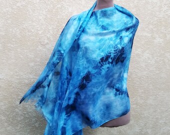 Blue silk scarf hand dyed blue gray silk shawl hand painted evening wrap shawl shadow blue scarf navy gray batik silk shawl gift for her