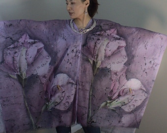 Sweet pea art poncho tunic cover up, matte purple original floral batik art printed light coverup drape cloak, functional scarf wrap shawl