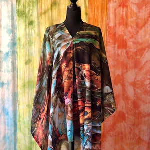 Green Brown botanical art cover up poncho tunic with original abstract Hosta plants batik art painting printed on lightweight faux pashmina fabric, universal cover up for women -  style it into poncho, off shoulder, tunic, wrap shawl, drape cloak.