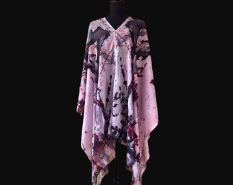Grigio rosa sakura arte originale coprire tunica poncho, pittura astratta di arte floreale stampata copertura universale leggera drappo per le donne