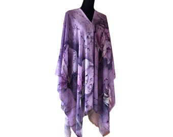 Lilac sweet pea flower original art cover up poncho tunic, matte purple floral art painting printed lightweight universal cover up for women