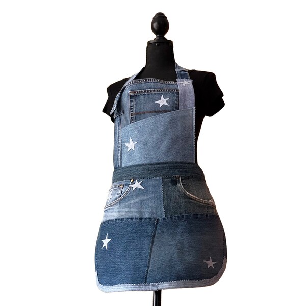 Upcycled distressed blue denim apron, multi pocket adjustable jeans utility apron for tools, one of a kind cute short stars kitchen apron