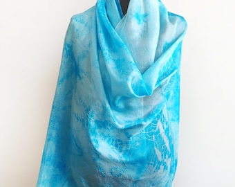 Turquoise batik silk scarf, hand dyed extra large cyan silk shawl, blue ocean sarong