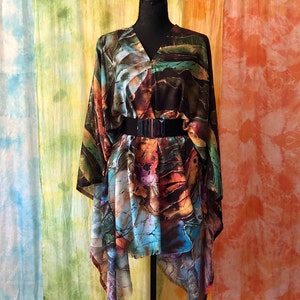 Green Brown botanical art cover up poncho tunic with original abstract Hosta plants batik art painting printed on lightweight faux pashmina fabric, universal cover up for women -  style it into poncho, off shoulder, tunic, wrap shawl, drape cloak.