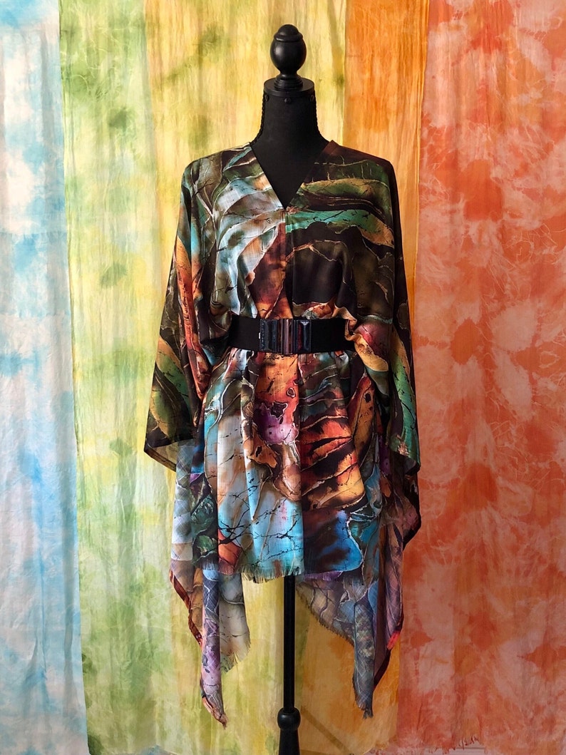 Green Brown botanical art cover up poncho tunic with original abstract Hosta plants batik art painting printed on lightweight faux pashmina fabric, universal cover up for women -  style it into poncho, off shoulder, tunic, wrap shawl, drape cloak.