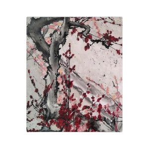 Velveteen Minky Blanket featuring an original Sakura Bloom Art, with gray and pink flowers. This Japan-inspired aesthetic home decor piece adds a touch of elegance to any space, perfect as a bed cover or decorative throw. One sided print.