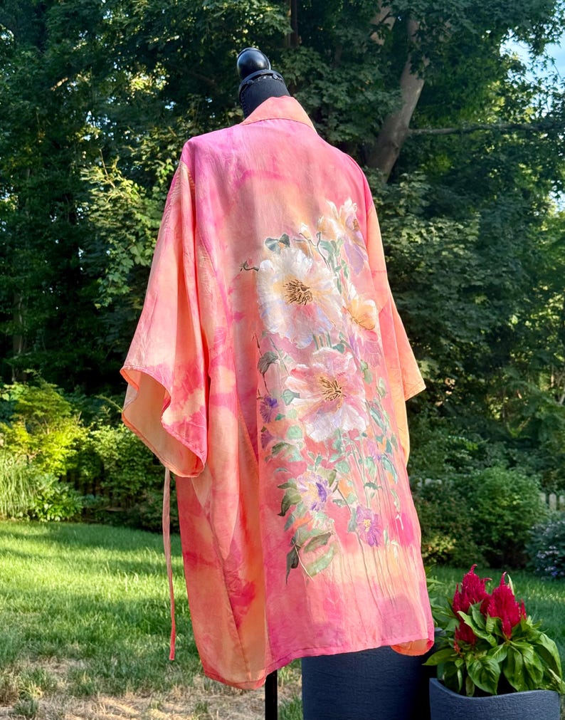 Painted Robe Pink Peach Flowers Hand Painted Silk Kimono Robe – Floral Art Silk ...