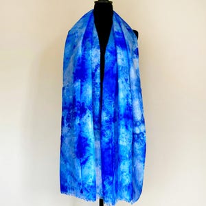 Bright blue silk scarf hand painted blue electric silk shawl, evening wrap shawl, boho batik silk scarf, hand dyed shibori summer scarf