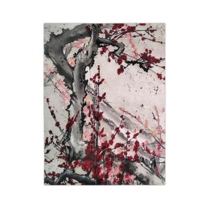 Velveteen Minky Blanket featuring an original Sakura Bloom Art, with gray and pink flowers. This Japan-inspired aesthetic home decor piece adds a touch of elegance to any space, perfect as a bed cover or decorative throw. One sided print.