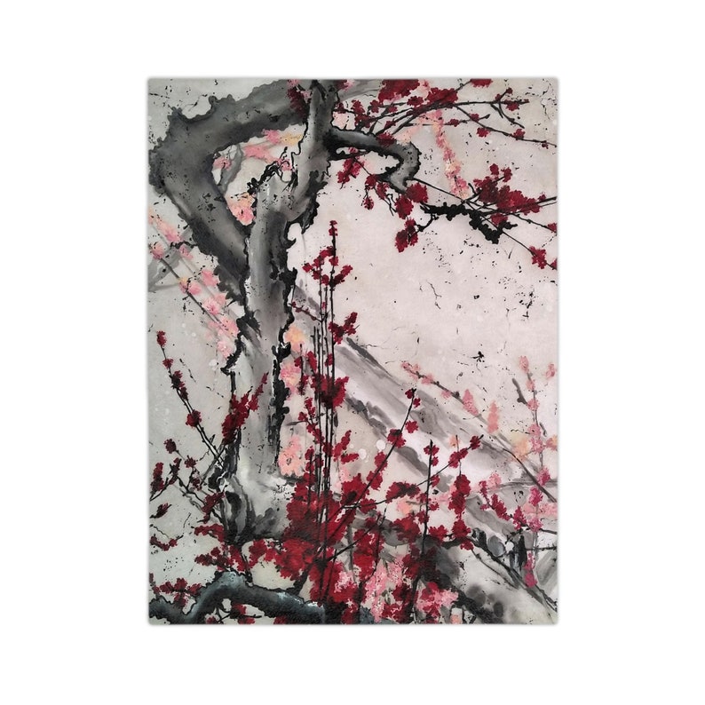 Velveteen Minky Blanket featuring an original Sakura Bloom Art, with gray and pink flowers. This Japan-inspired aesthetic home decor piece adds a touch of elegance to any space, perfect as a bed cover or decorative throw. One sided print.