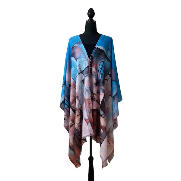 Original art tunique poncho bleu brun wrap vieille ville art écharpe tunique soirée wrap couvrir kimono châle art abstrait drapé taille libre cape haut