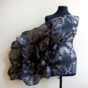 Black gray batik silk scarf hand dyed shawl, batik shibori silk scarf, evening wrap shawl, handmade mulberry silk scarf