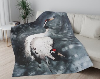 Japanese cranes blanket, original art mink sherpa blanket, warm throw blanket bird art bed cover tapestry blanket, ornithologist gift