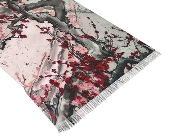 Sakura Scarf Light Gray Pink Wrap Original Batik Art Print Cover Up Artful Japanese Evening Drape Shawl Unique Floral Art Scarf Gift, Unisex