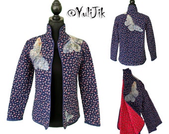 Quilted jacket with silk butterflies, blue red flowers cotton coat, jacket with hand dyed silk butterflies, one of kind