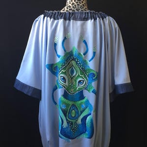 Blue Cotton Boho Tunic Shirt - Open Shoulder – Hand-Painted Meditation Art Top, One-of-a-Kind Zen Batik Art Clothing, Unique Wearable Art