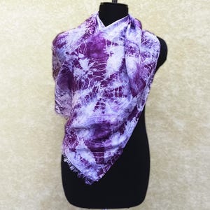 Hand Dyed Purple Natural Silk Scarf – Mulberry Shibori Batik Neckerchief, Lightweight Plum Silk Wrap, Small Hand Painted Scarf Gift for Her