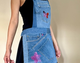 Upcycled Denim Jean Apron – Repurposed Handmade Utility Kitchen Apron with Pockets