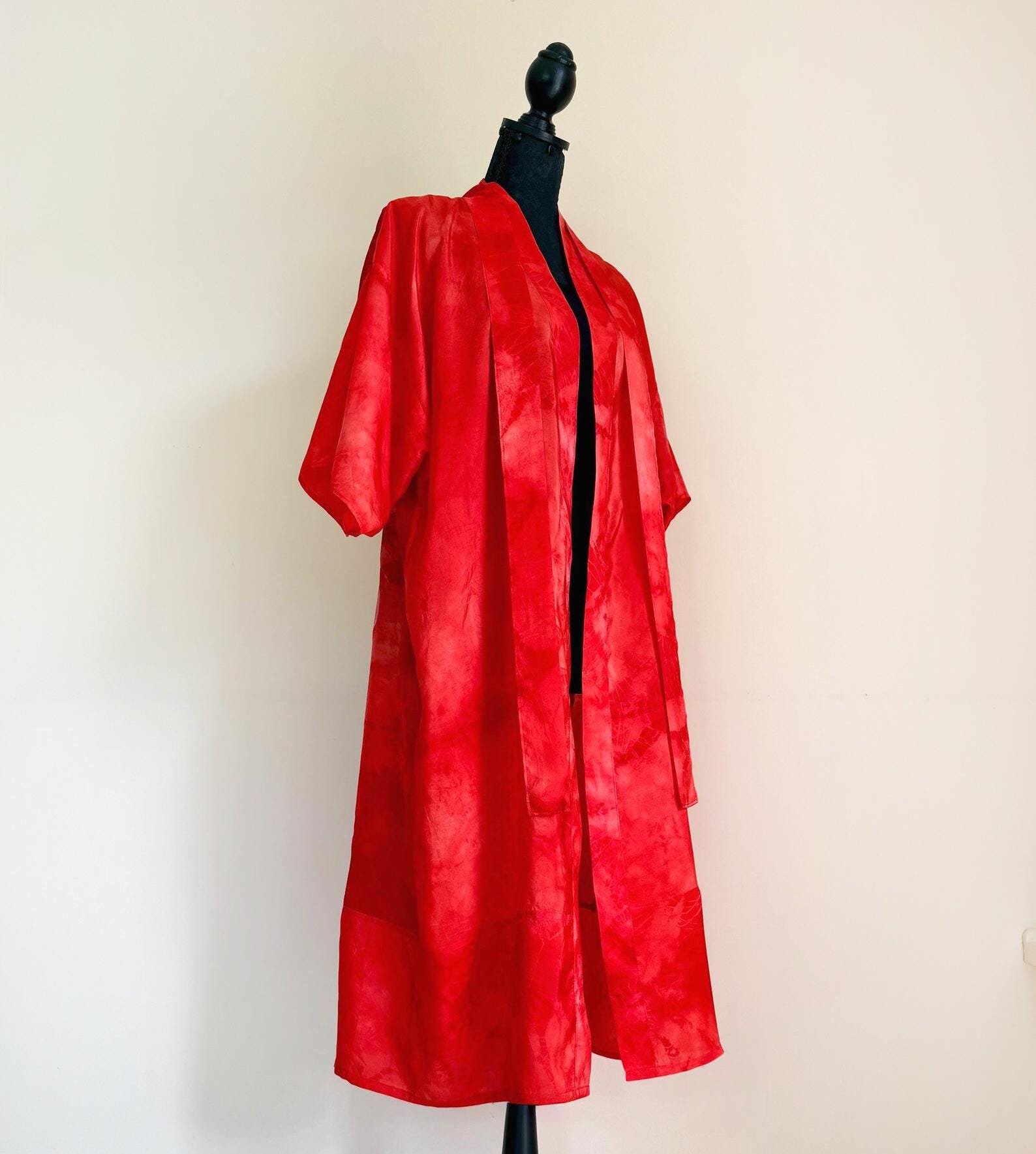 Painted Robe Red Silk Kimono Robe With Hand Painted Poppies – Floral Batik Luxury ...