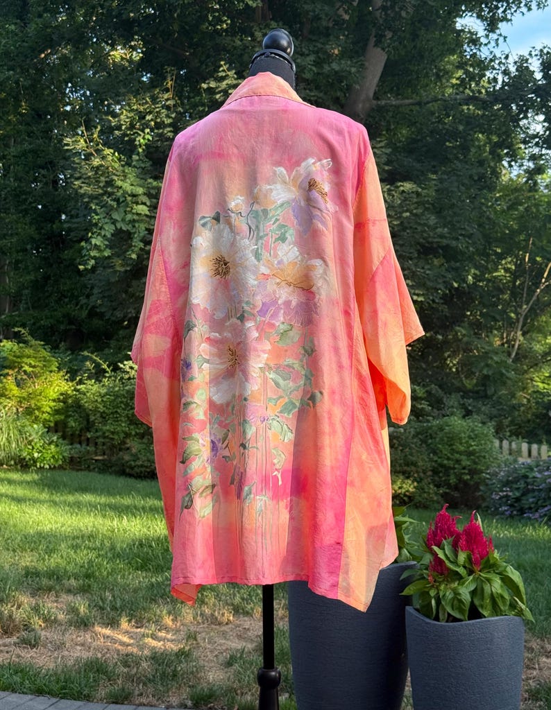 Painted Robe Pink Peach Flowers Hand Painted Silk Kimono Robe – Floral Art Silk ...