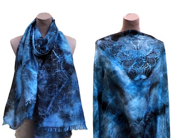 Hand Dyed Blue Black Silk Scarf, Shadow Blue Evening Wrap Shawl, Batik Silk Scarf Gift for Her Natural Silk Cover Up Scarf Gift Art Shawl