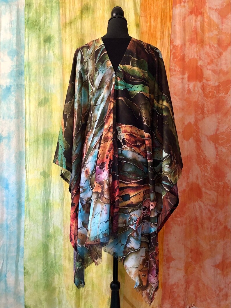 Green Brown botanical art cover up poncho tunic with original abstract Hosta plants batik art painting printed on lightweight faux pashmina fabric, universal cover up for women -  style it into poncho, off shoulder, tunic, wrap shawl, drape cloak.