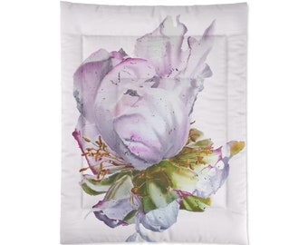 Peony Art Comforter Original White Peony Flower Batik Art Print Botanical Inspired Bedroom Decor Twin Size White Pink Floral Art Bedding